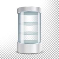 Empty Glass Showcase Vector. Realistic Round Showcase For Exhibit With Shelves.Shop Expo Cylinder. Illustration Isolated On Transparent Background vector