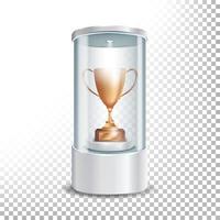 Transparent Glass Museum Showcase Podium With Bronze Cup, Spotlight And Sparks. Mock Up Capsule Box For Award Ceremonies. Vector Illustration