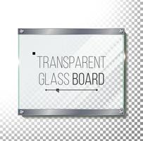 Transparent Glass Plate Mock Up Vector. Plastic Glossy Panel With Reflection, Shadow. Realistic Frame With Steel Rivets. Realistic Isolated Illustration vector