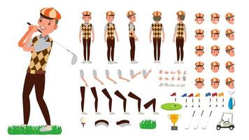 vector de jugador de golf. conjunto de creación de personajes animados. Herramientas y equipos de fútbol. longitud completa, vista frontal, lateral, trasera, accesorios, poses, emociones faciales, gestos. ilustración de dibujos animados plana aislada