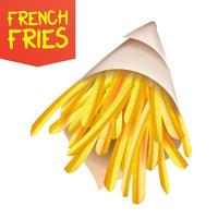 French Fries Potatoes Vector. Paper Bag Container. Tasty Fast Food Potato. Isolated Realistic Illustration vector