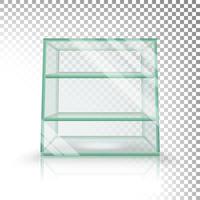 Empty Transparent Glass Box Cube Vector. 3D Realistic Glass Showcase With Shelves. vector