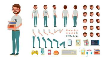 Geek Man Vector. Animated Character Creation Set. Computer Nerd Male. Full Length, Front, Side, Back View, Accessories, Poses, Face Emotions, Gestures. Isolated Flat Cartoon Illustration vector