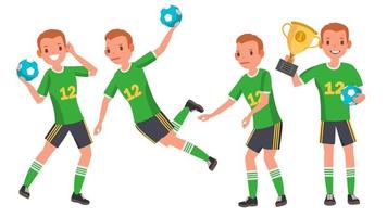 Handball Male Player Vector. Attack Jump. Shooting Player. Playing In Different Poses. Man Athlete. Isolated On White Cartoon Character Illustration vector