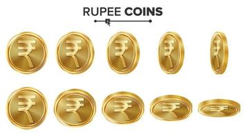 Rupee 3D Gold Coins Vector Set. Realistic Illustration. Flip Different Angles. Money Front Side. Investment Concept. Finance Coin Icons, Sign, Success Banking Cash Symbol. Currency Isolated On White