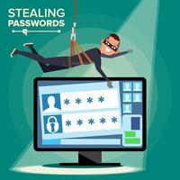 Hacker Stealing Password Vector. Thief Character. Crack Personal Information From Computer. Fishing Attack. Web Viruses Concept. Hacking Internet Social Network. Flat Cartoon Illustration vector