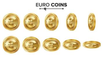 Euro 3D Gold Coins Vector Set. Realistic Illustration. Flip Different Angles. Money Front Side. Investment Concept. Finance Coin Icons, Sign, Success Banking Cash Symbol. Currency Isolated On White