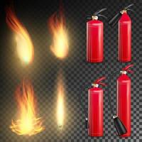 Fire Extinguisher Vector. Sign 3D Realistic Fire Flame And Red Fire Extinguisher. Transparent Background Illustration vector