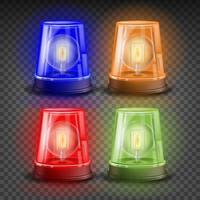 Realistic Flasher Siren Set Vector. Red, Orange, Green, Blue. 3D Realistic Object. Light Effect. Rotation Beacon. Emergency Flashing Siren. Isolated On Transparent Background Illustration vector