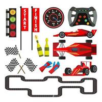 Sport Car Racing Icons Set Vector. Speedometer, Car Steering Wheel, Flag Checkered, Route, Traffic Light, Gloves, Cup, Champagne. Rally Accessories. Isolated Flat Cartoon Illustration vector