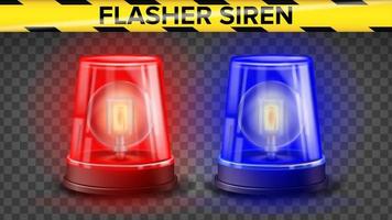 Red And Blue Flasher Siren Vector. 3D Realistic Object. Light Effect. Rotation Beacon. Police Cars Ambulance. Emergency Flashing Siren. Isolated On Transparent Background Illustration vector