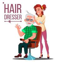 Hairdresser And Old Man Vector. Client Sitting On The Chair. Modeling. Isolated Flat Cartoon Illustration vector