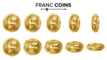 juego de vectores de monedas de oro 3d franco. ilustración realista. voltear diferentes ángulos. anverso del dinero. concepto de inversión. iconos de monedas financieras, signo, símbolo de efectivo bancario de éxito. moneda aislado en blanco