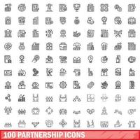 100 partnership icons set, outline style vector