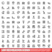 100 recreation icons set, outline style vector