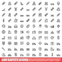 100 safety icons set, outline style vector