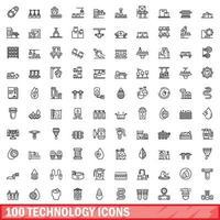 100 technology icons set, outline style vector