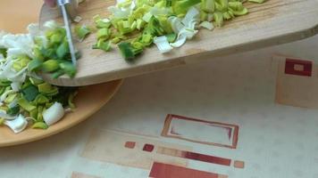 Natural fresh cutted leeks on the wooden cutting board. Closeup of sliced leek. Slices of the fresh green leek. Chopped Leek. Fresh vegetables. video