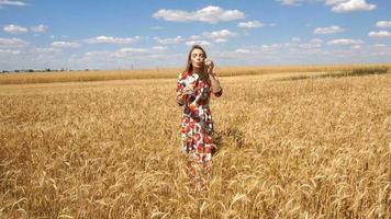 une belle jeune femme aux cheveux longs va au champ de blé video