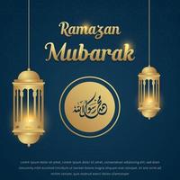 Ramadan mubarak greeting card. Islamic lantern and arabic calligraphy vector