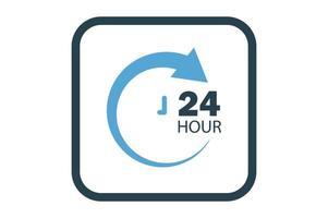 Clock icon illustration with arrow and 24 hour. suitable for 24 hour icon. solid icon style. simple vector design editable