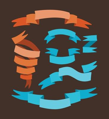 Ribbon set. Orange and blue ribbons on dark background. Retro style