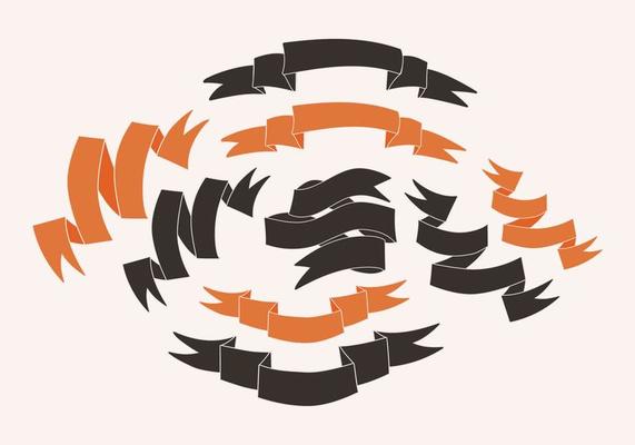 Ribbon set. Black and orange ribbons collection. Dark ribbons with light strokes. Vintage ribbons