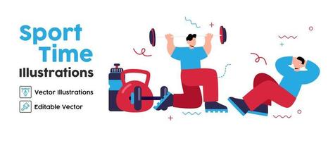 Sport Fitness Man Woman Lifting Weight Exercise Workout Gym Interior Flat Vector Illustration