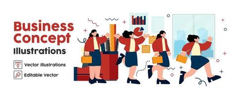 Business Concept illustrations. set Collection of scenes with women taking part in workaholic business activities. Vector illustration