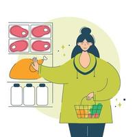 A happy woman chooses veganism and vegetables. Concept vegetarian diet girl with a basket full of fruits and vegetables in the supermarket refuses meat and milk . vector