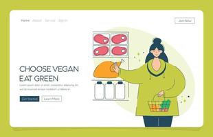 Web app landing happy woman chooses veganism and vegetables. Concept vegetarian diet girl with a basket full of fruits and vegetables in the supermarket refuses meat and milk . vector