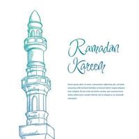 Ramadan kareem or eid mubarak template with minaret of mosque in hand drawn design vector