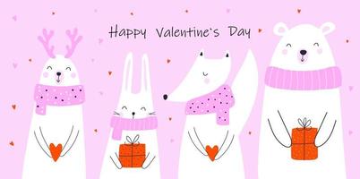 Valentine's day greeting card with hearts and animals. Design for valentine and wedding. Vector illustrations