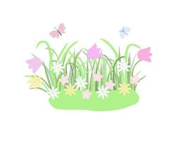 Easter floral composition, early spring green grass with flowers, flat style vector illustration for spring festive time decor, cards, gift paper, banners, web design