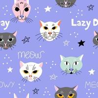 Funny faces of cats with abstract decor on a purple background. Vector seamless pattern with cute pets. Print for shopper or wrapping paper.