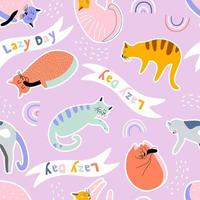 Cute lazy cats in sticker style sleeping on pink background on rainbows. Seamless vector pattern with pets. Print for the childish room.