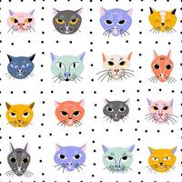 Funny faces of cartoon cats on a checkered background. Vector seamless pattern with cute pets. Print for fabric or wallpaper.