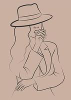 African woman in hat line drawing illustration. Minimalistic modern women face continuous line art. Vector square art