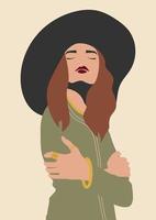 Portrait of beautiful young woman in hat poster. Wall decor with fashion lady, contemporary artistic poster vector