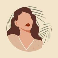 mujer brillante y hojas tropicales - hermoso retrato femenino, rostro y hombros. fondo de verano vector
