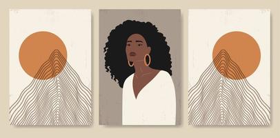 Modern minimalist abstract aesthetic illustrations. Bohemian style wall decor with black woman and mountains. Collection of contemporary artistic posters. vector