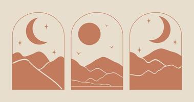 tarjeta de ramadan mubarak de estilo moderno con luna y desierto. conjunto de símbolos lineales boho mínimos. carteles artísticos contemporáneos. impresión moderna abstracta vector