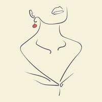 diseño de símbolo de logotipo con retrato de arte de línea de mujer y pendiente rojo. diseño único de iconos de joyería para negocios de belleza y moda. ilustración vectorial vector