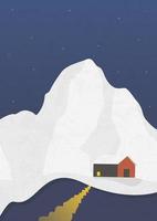 Night landscape with winter peaks and house illustration poster. Nature sceneries with home and water. Seasonal cartoon landscape with snow on background collection vector