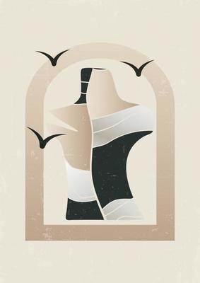 Woman bust and birds textured illustration poster. Modern style wall decor. Collection of contemporary artistic posters for print