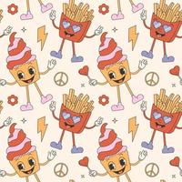 Trendy retro valentines day seamless pattern. With comic groovy characters vector