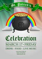 saint patrick's day background with pot and rainbow. st. patrick's day poster with cauldron and irish flag vector