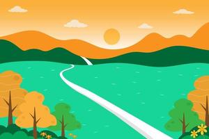 ilustración vectorial sobre la naturaleza y la montaña con un paisaje soleado con la carretera en la colina vector