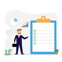 Vector illustration character businessman show business target checklist at document clipboard