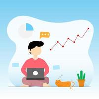 Vector flat character man using laptop sitting and look at financial graph,Creative man thinking about target concept